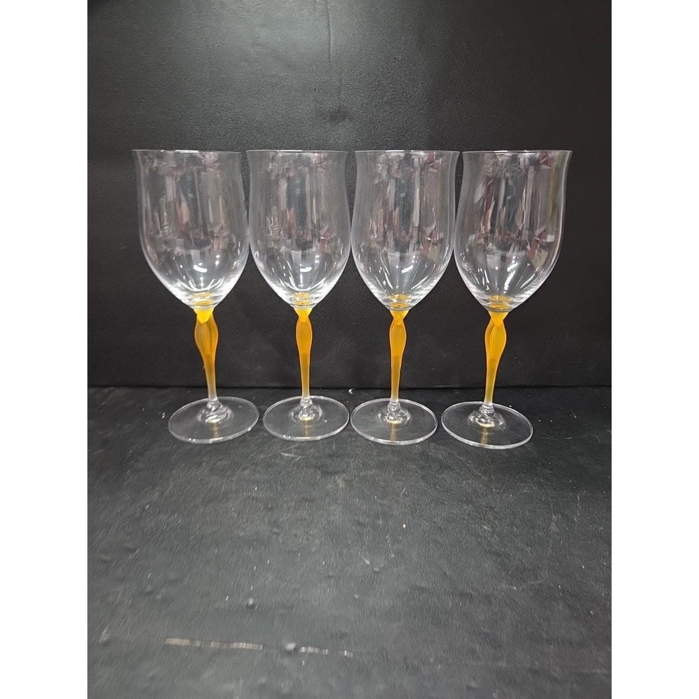 Mikasa Crystal‎ Tuscan Wine Glasses, Yellow Stem, Set of 4, Art Deco Drinkware - Picture 2 of 9